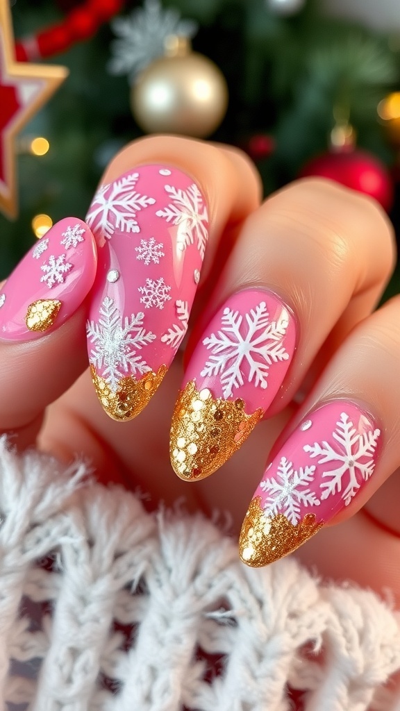 XXL pink Christmas nails with snowflakes and gold glitter design.